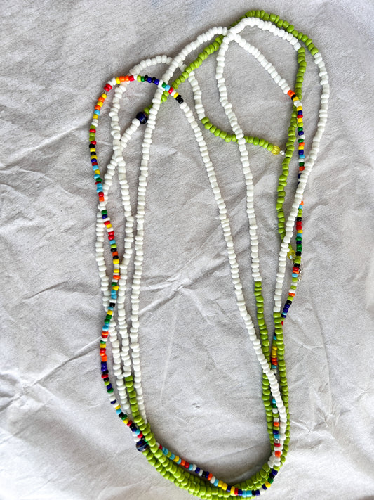 Multi coloured beads~green-white beads 265cm