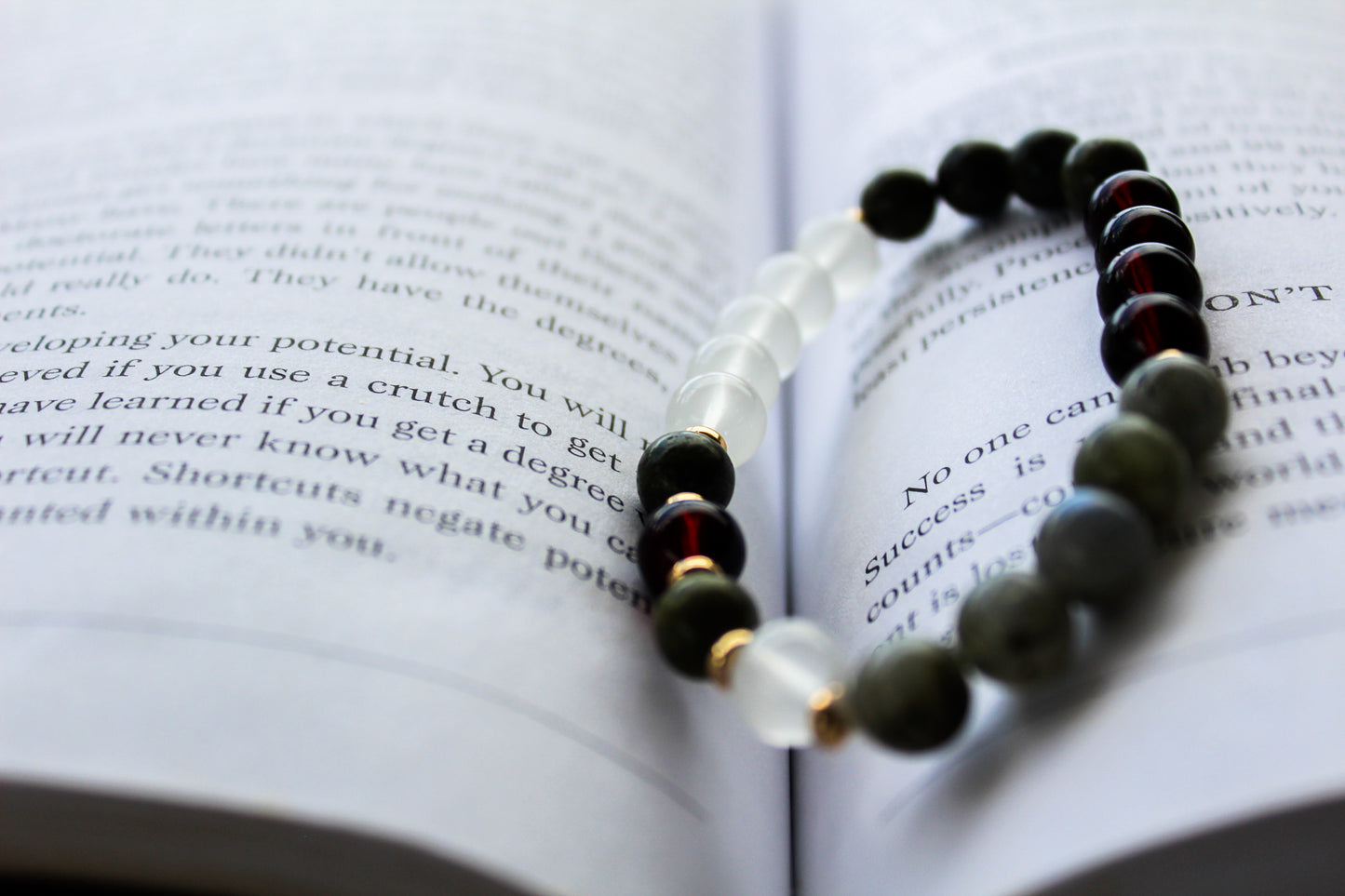 Aquatic Agate, Moonstone, and Clear Quartz Gemstone Bracelet